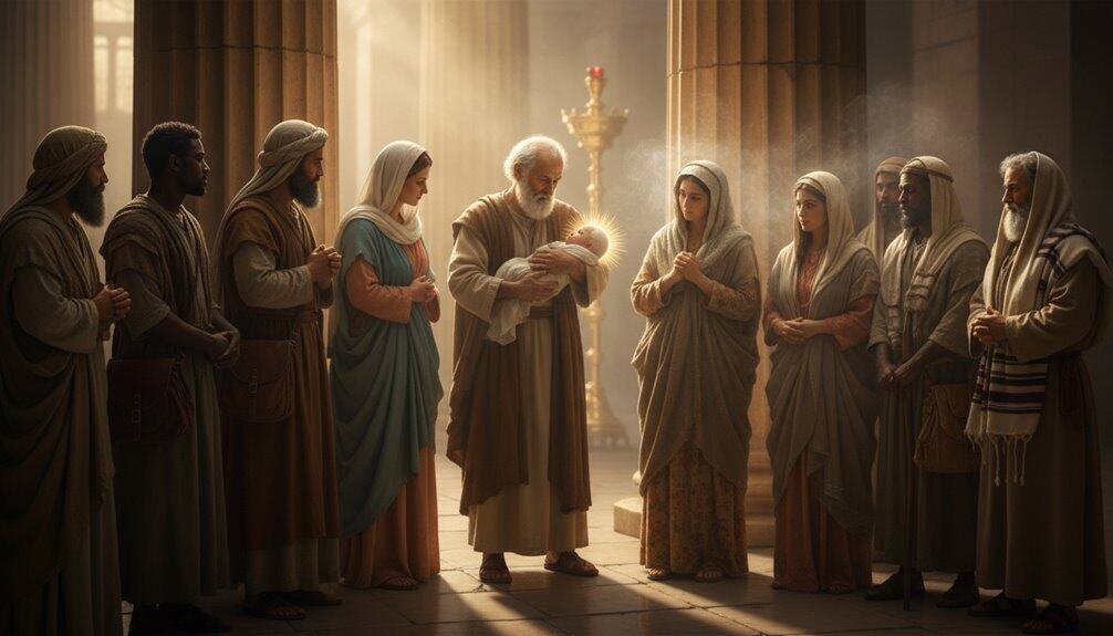Baby Jesus in manger surrounded by Mary, Joseph, and wise men during nativity scene, warm lighting, spiritual and devotional Christian image.