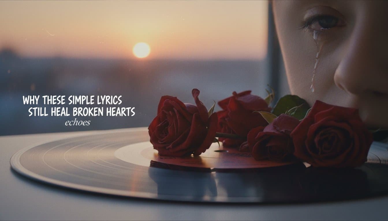 A person tears up while listening to heartfelt lyrics on vinyl with roses, symbolizing emotional healing through faith and music, ideal for Christian music and worship enthusiasts.