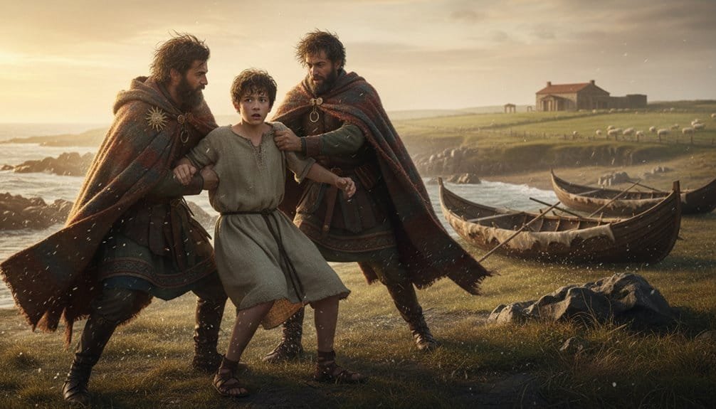 A biblical scene showing Jesus comforting children on a scenic coastline with boats and grassy hills at sunset, perfect for spiritual growth and faith-based content.