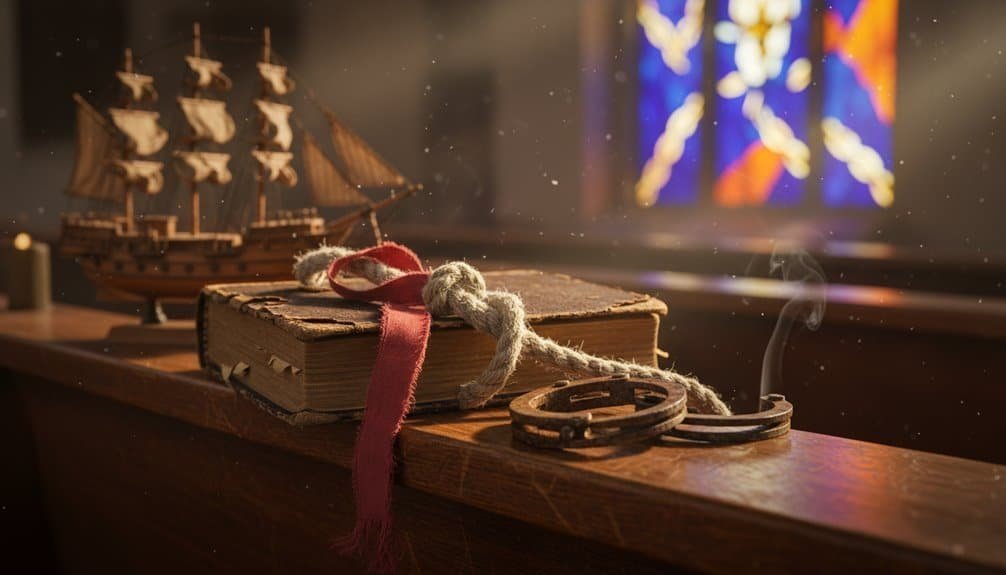 An antique ship model, a Bible with a red ribbon bookmark, and handcuffs sit on a wooden table, illuminated by warm sunlight through stained glass, symbolizing faith, adventure, and spiritual journey in a church setting.