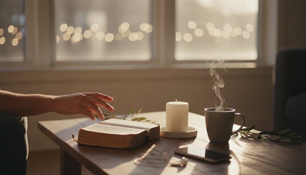 Peaceful Bible study setup with open Bible, steaming coffee, candle, and smartphone on table in cozy room, perfect for spiritual reflection and prayer.