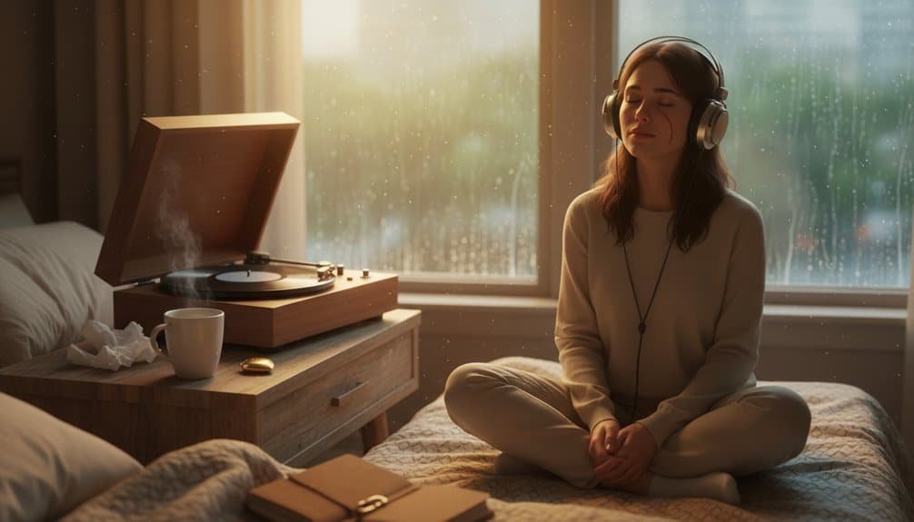 Relaxing woman listening to Christian music with headphones, sitting cross-legged on bed by window, enjoying spiritual meditation and prayer.