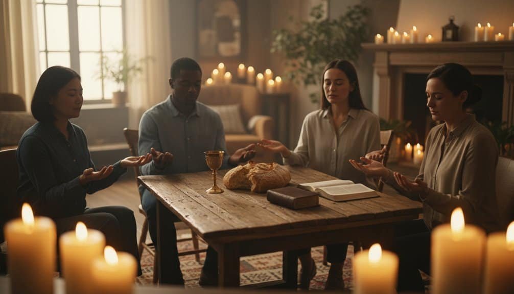 People praying together around a wooden table with Bible, candles, and bread, symbolizing worship and faith in a cozy, candlelit home setting. Perfect for religious devotion and spiritual reflection.