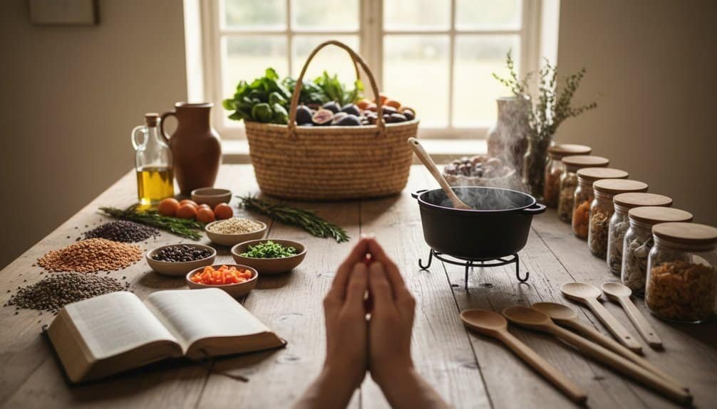 A person praying at a wooden table with biblical ingredients, herbs, and an open Bible, symbolizing faith and devotion during a homemade biblical-inspired meal or spiritual reflection.