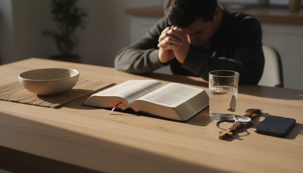 An individual praying with hands clasped at a table with an open Bible, a glass of water, and spiritual items, reflecting devotion and faith in Jesus Christ.
