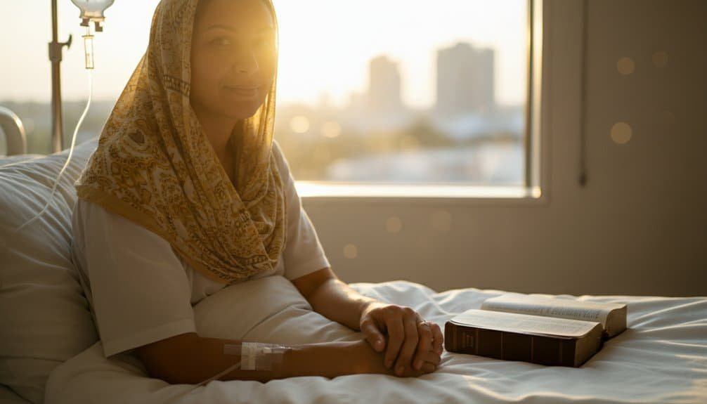 Inspiring Christian music for healing and faith, featuring a woman in prayer with a Bible in her hospital room during sunset, emphasizing spiritual strength and devotion.