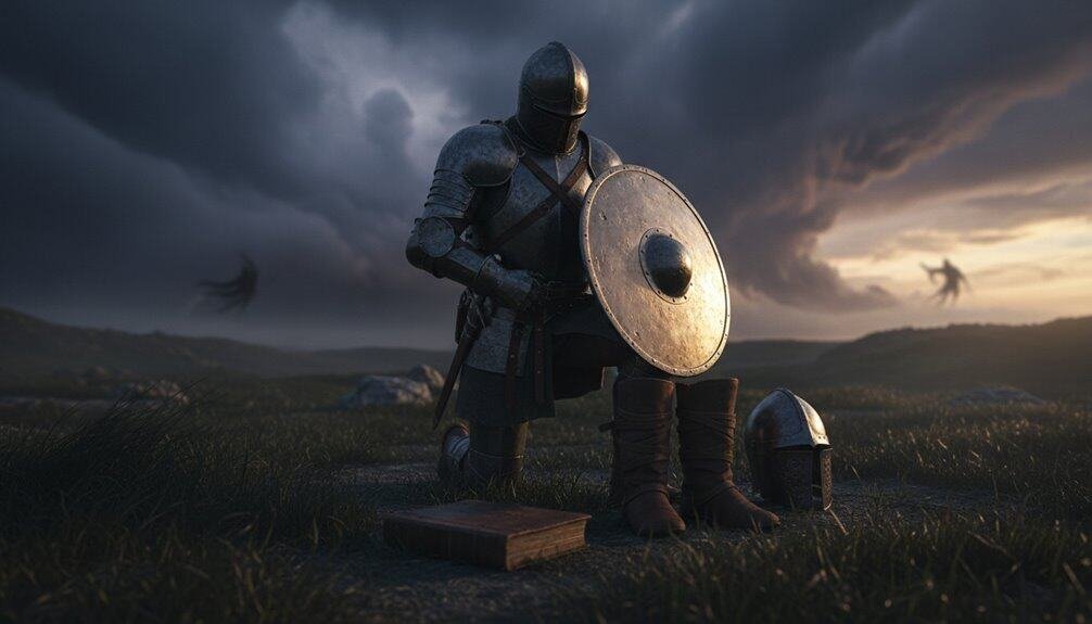 Why Ephesians 6:11 Is the Spiritual Warfare Scripture Every Christian Needs My Bible Song 2026 A knight in shining armor kneeling in prayer on a battlefield at sunset with a shield, helmet, and Bible, symbolizing faith, devotion, and spiritual strength. Perfect for Christian worship, Bible songs, and inspirational faith imagery.
