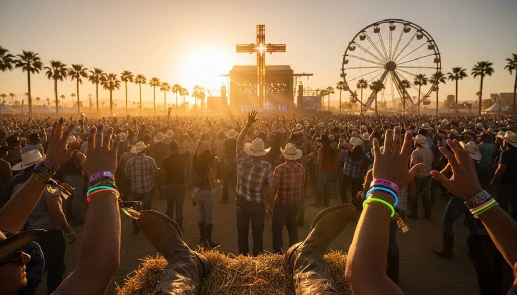 Vast crowd worshipping at outdoor Christian music festival with cross and Ferris wheel at sunset, illustrating faith, community, and celebration.