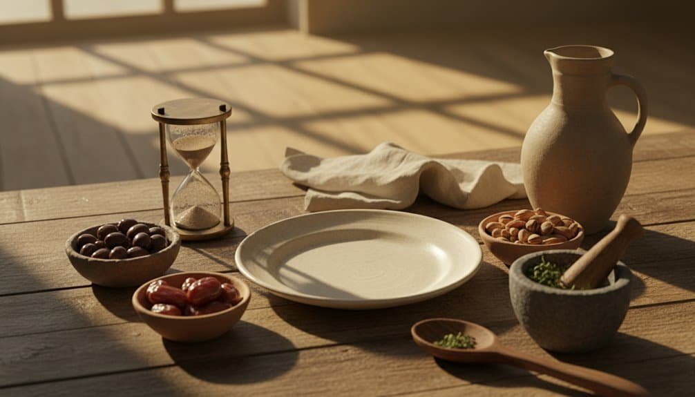 A rustic wooden table with a ceramic jug, bowls of dates, nuts, and herbs, an empty plate, an hourglass, and a cloth, illuminated by soft natural sunlight, creating a peaceful, biblical atmosphere.