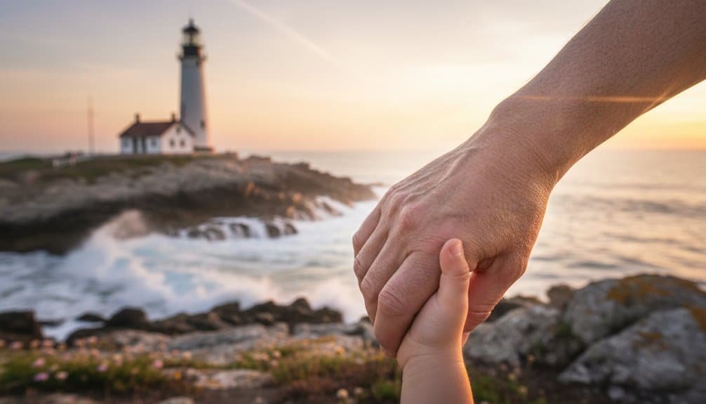 A lighthouse guiding the way for travelers, symbolizing faith and hope, with two hands holding each other near the shore at sunset.