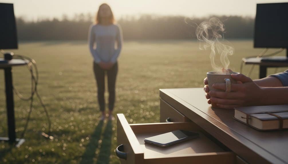 A woman stands in a peaceful field during sunrise, embracing prayer and reflection with an open Bible, steaming coffee, and outdoor setup to inspire spiritual connection and devotion.