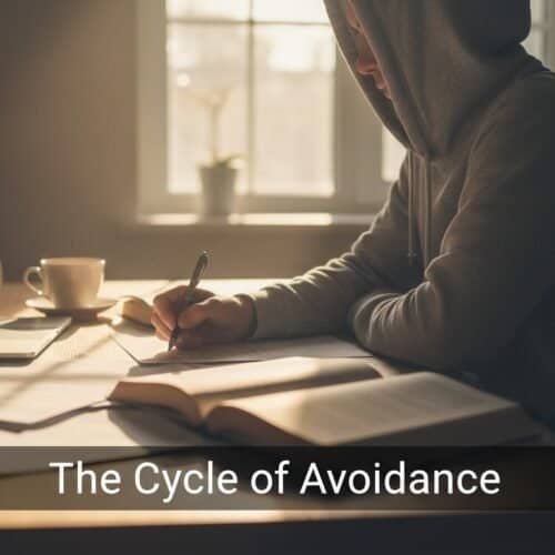 Person writing notes or studying at a desk, with books, a laptop, and a cup in warm sunlight — illustrating themes of reflection, decision-making, and overcoming personal barriers, aligned with inspirational or faith-based content for optimal SEO.