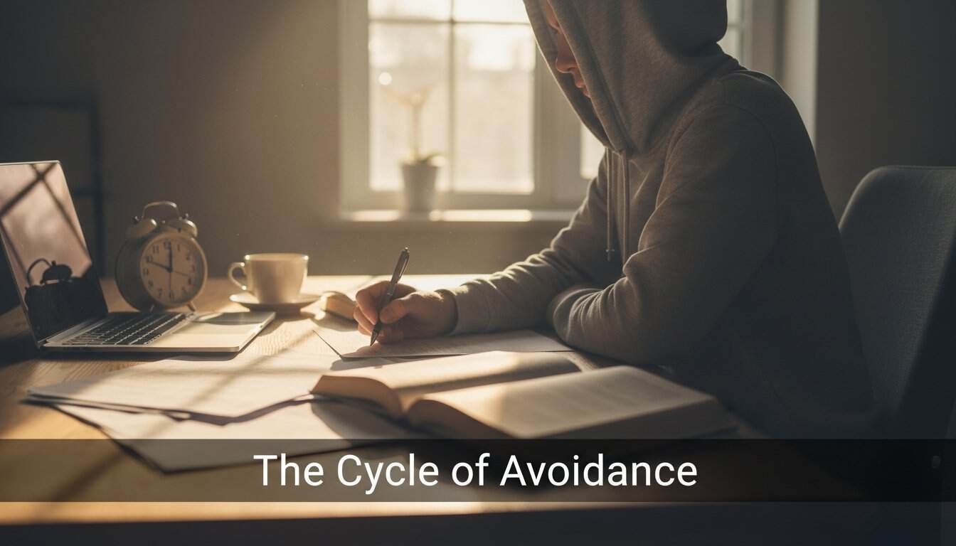 Person writing notes or studying at a desk, with books, a laptop, and a cup in warm sunlight — illustrating themes of reflection, decision-making, and overcoming personal barriers, aligned with inspirational or faith-based content for optimal SEO.