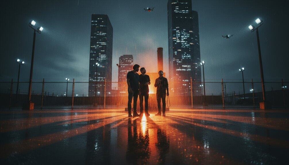 Vibrant cityscape with four people walking, illuminated by streetlights and sunset light, symbolizing faith, hope, and community in a modern urban environment.