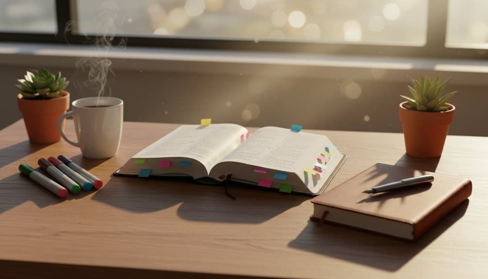 Beautiful Bible study setup with open Bible, colorful sticky notes, coffee mug, and potted succulents on a sunny windowsill. Perfect for prayer, worship, and Christian learning.