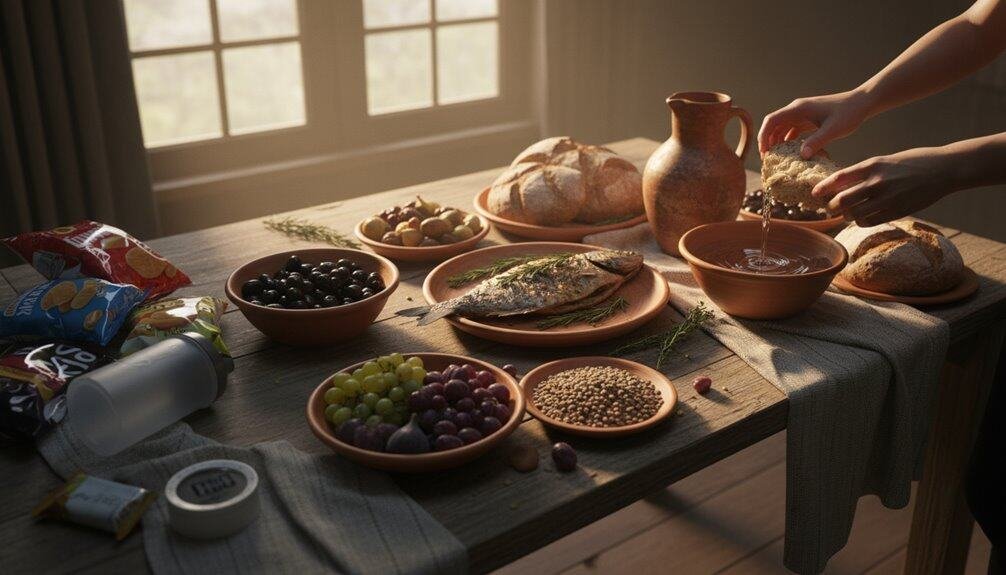 Hand pouring water over bread for prayer, set on a rustic table with bread, fish, grapes, and snacks, symbolizing gratitude and grace.