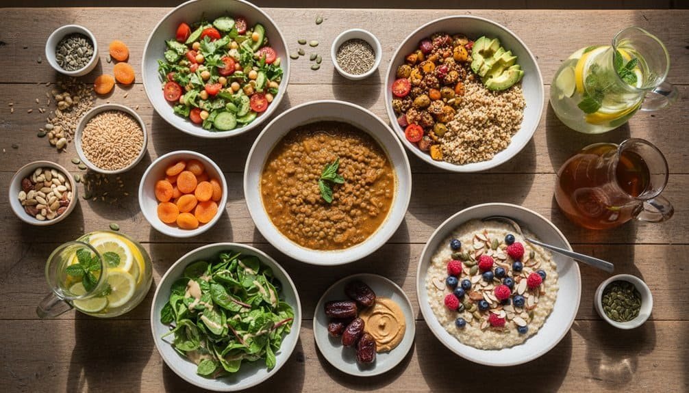Bright, nutritious vegetarian meal with salads, grains, dips, and beverages for healthy eating. Perfect for plant-based diets and meal inspiration.