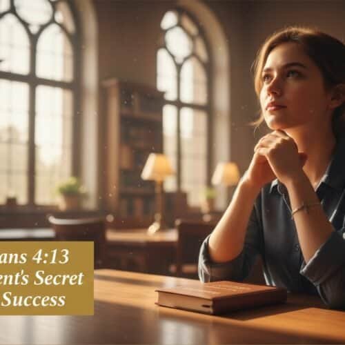 A young woman in a quiet library, reading a Bible and deep in thought, illuminated by warm natural light, symbolizing faith and inspiration for Christian students and believers.