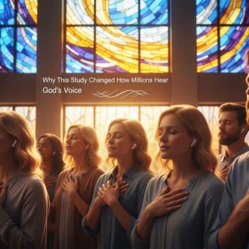 ALT: Group of diverse people worshiping in church with hands on chest, eyes closed, stained glass windows in background, representing faith, prayer, and community in Christian worship.