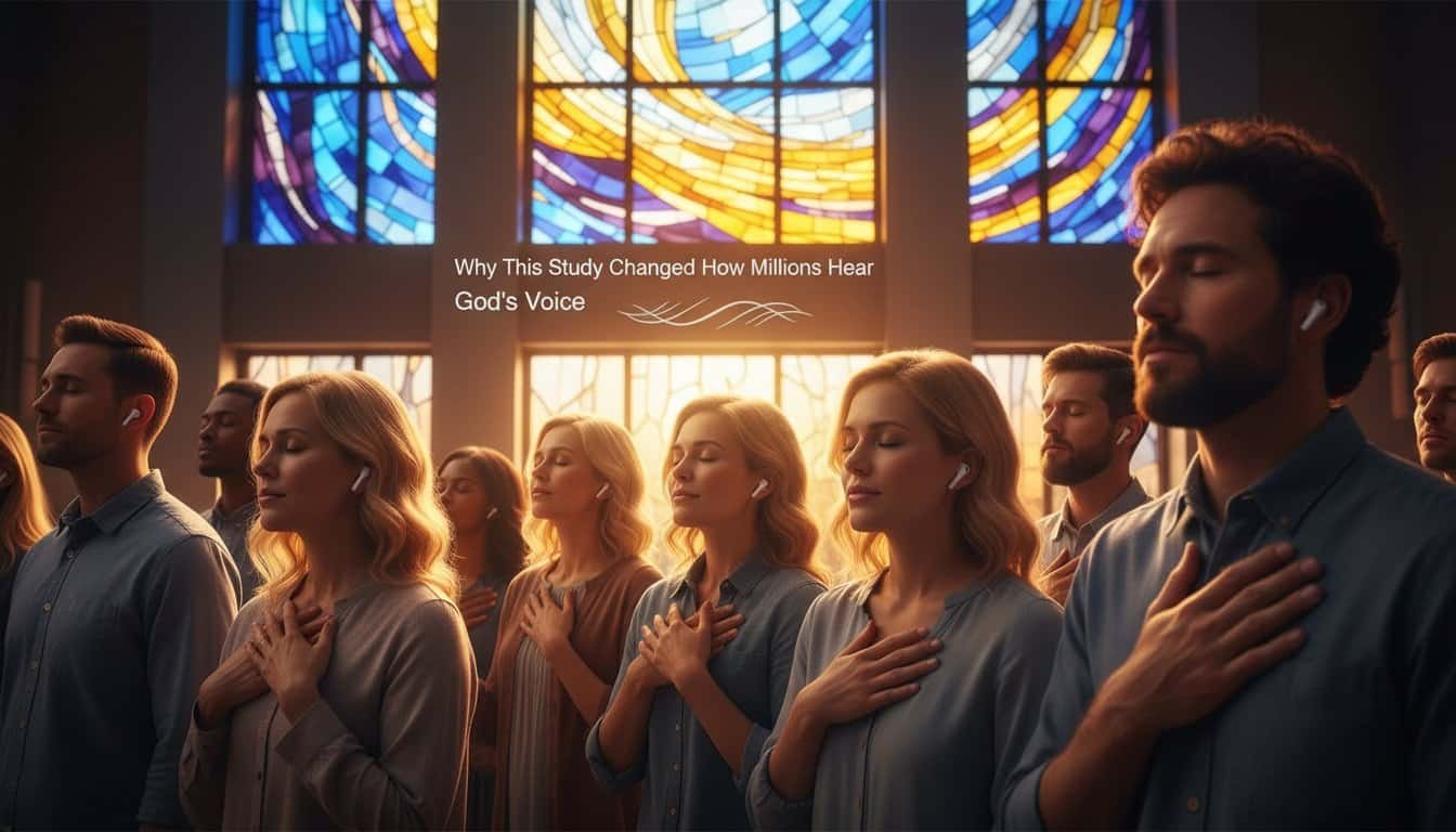 ALT: Group of diverse people worshiping in church with hands on chest, eyes closed, stained glass windows in background, representing faith, prayer, and community in Christian worship.