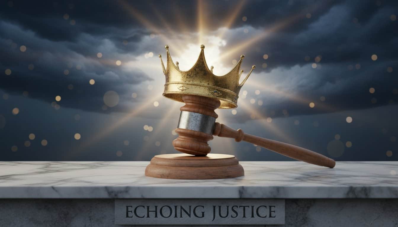 Highly detailed image of a golden crown on a judge's gavel, with dramatic stormy sky background illuminated by rays of sunlight, symbolizing divine justice and authority in Christian faith.