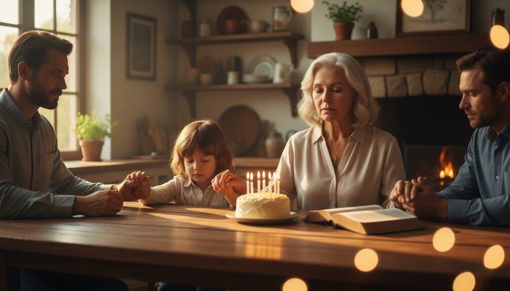 Alt text: Family gathered for a birthday prayer around a table with a cake, mom with cake, children, and dad, in a cozy home setting with candles.