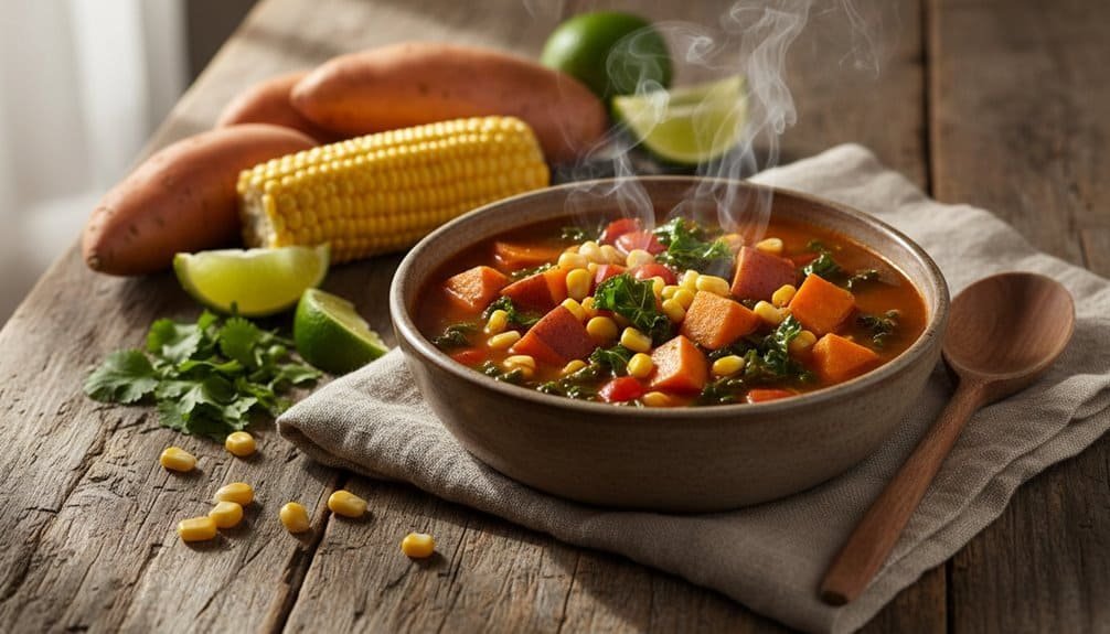 7 Daniel Fast Soups That Make Fasting Actually Enjoyable My Bible Song 2026 A bowl of hot, delicious vegetable soup with sweet potatoes, corn, and leafy greens served with lime and fresh herbs on a rustic wooden table. Perfect for comfort and nourishing meals.