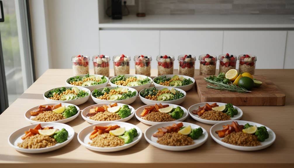 Brightly lit kitchen featuring plates of couscous, roasted vegetables, and fresh lemon slices, perfect for a family meal or gathering.