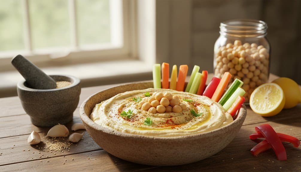 A vibrant, healthy hummus dish topped with chickpeas and fresh vegetables, perfect for snacks or gatherings. Bright colors and natural ingredients highlight wellness and tasty eating.
