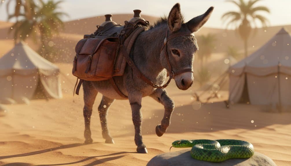 A donkey carrying supplies walking through a desert with tents in the background, symbolizing faith and perseverance in challenging environments. Perfect for inspirational Bible song themes.