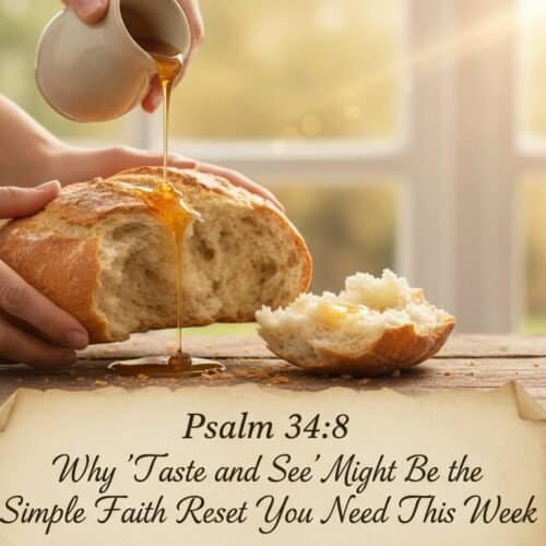 Hand pouring honey over bread with scripture Psalm 34:8 for faith and spiritual renewal.