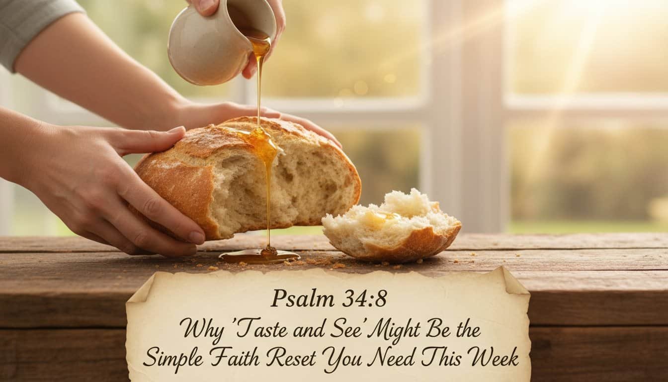 Hand pouring honey over bread with scripture Psalm 34:8 for faith and spiritual renewal.