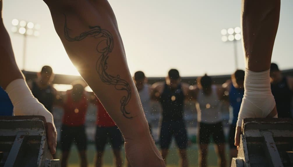 Athletes on starting blocks preparing for a race with teammates in the background, early morning sunlight at a sports event, emphasizing discipline and motivation.