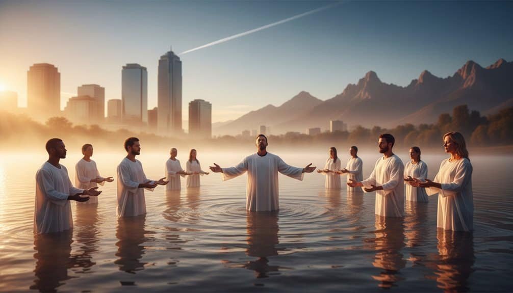 A diverse group of people in white robes gathering in a river at sunrise, engaging in spiritual worship, with a city skyline and mountain range in the background, symbolizing faith and unity.
