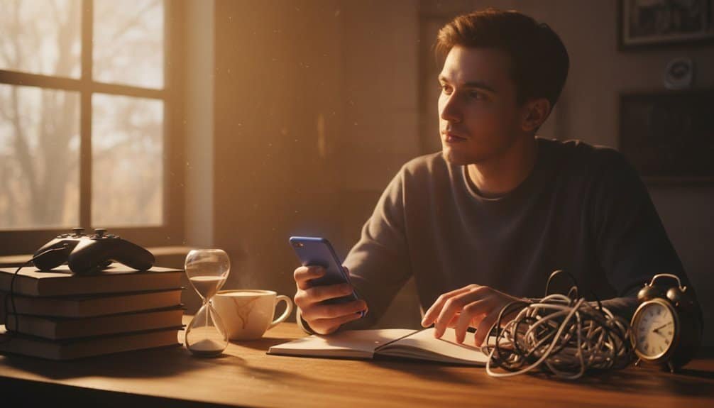 Young man contemplating Bible songs on his phone, sitting at a desk with books, clock, and coffee, during sunset in a cozy home setting.