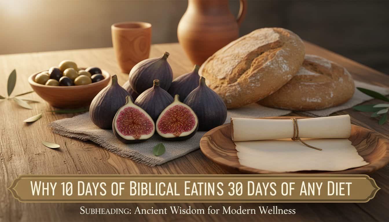 Alt text: A traditional biblical meal setup featuring bread, figs, olives, clay cups, and a scroll, emphasizing scripture-inspired eating habits and spiritual wellness.
