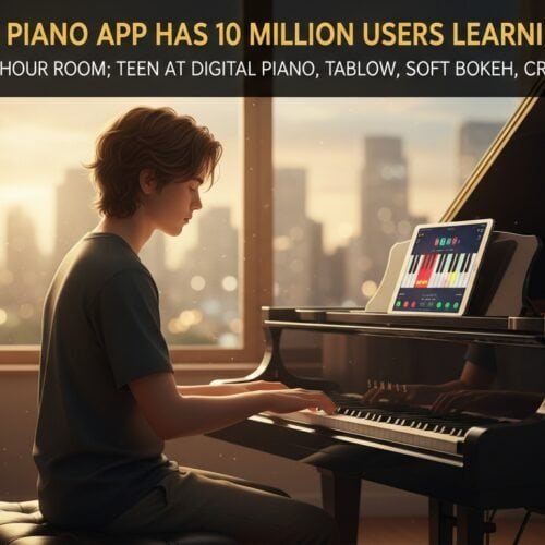 Young woman practicing piano with digital app, Bible-inspired music, and Christian songs for spiritual growth.