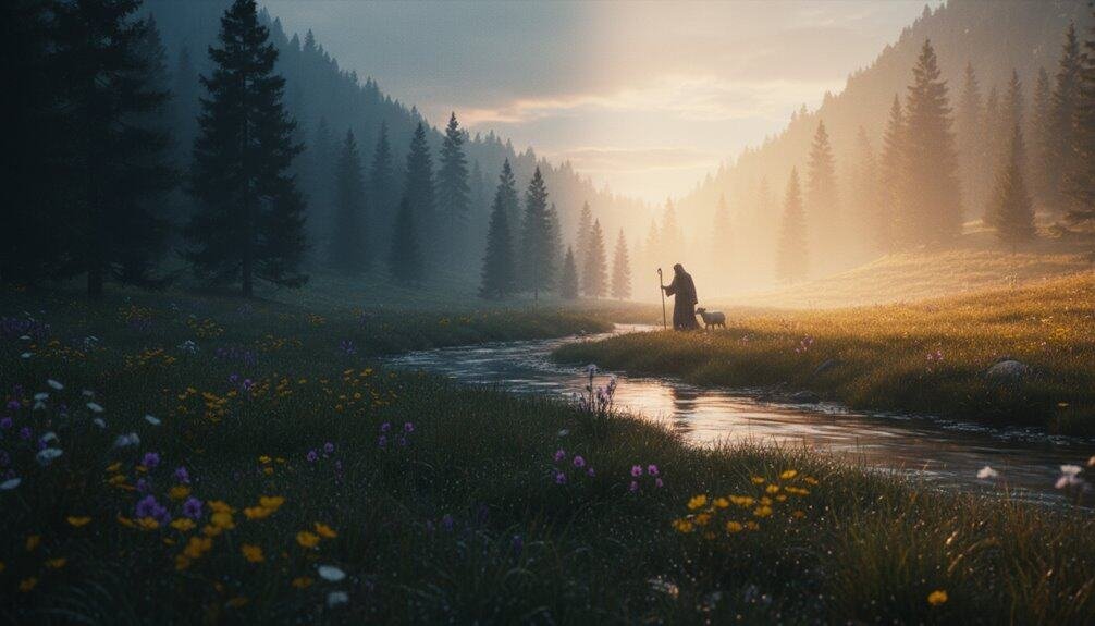 Tranquil outdoor scene with a person and dog by a river in a forest during sunset, highlighting nature, peace, and spirituality.
