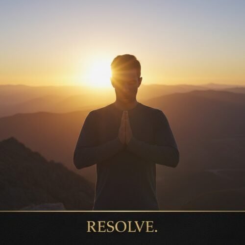 Young man praying with hands clasped at sunrise in scenic mountain landscape, symbolizing faith, meditation, spiritual resolve, and connection with God in serene nature.