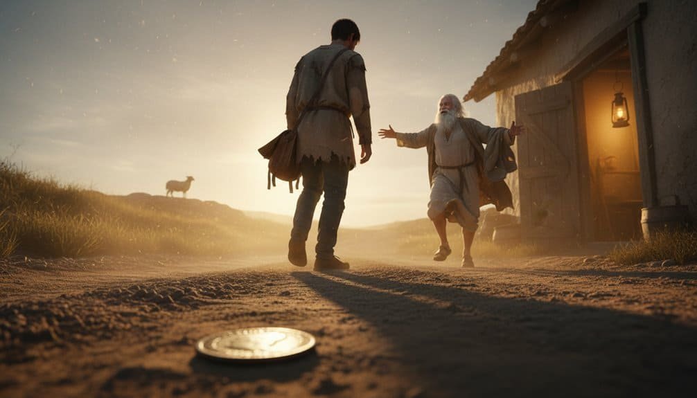 A touching biblical scene with an elderly man greeting a traveler outside a rustic house during sunset, representing faith, hope, and biblical storytelling themes.