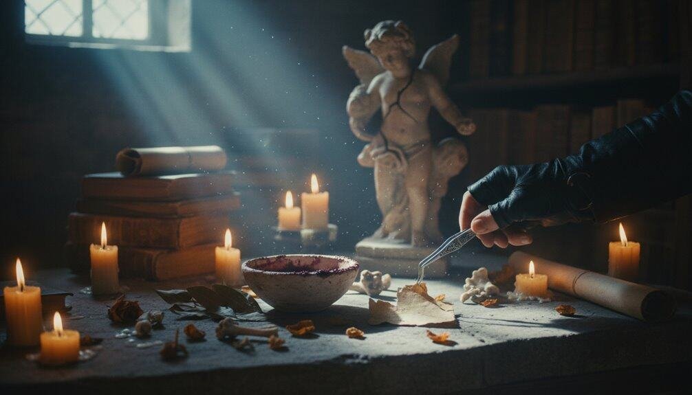 A person in black gloves is performing a spiritual offering ritual on a table adorned with candles, religious statues, and sacred objects, emphasizing faith and devotion.