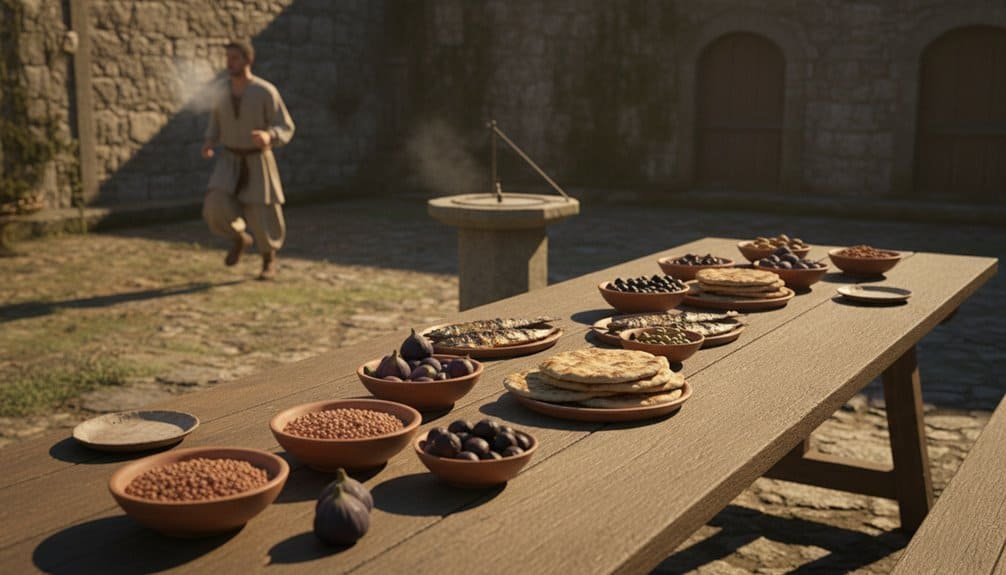 A rustic outdoor scene showcasing traditional biblical feast preparations with bread, olives, and spices on a wooden table, symbolizing ancient times and faith-based celebrations.