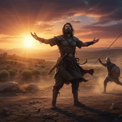 The Biblical Story Behind the Prayer That Stops Time My Bible Song 2026 A powerful biblical scene depicts a man with outstretched arms during a sunset, surrounded by soldiers and a desert landscape, symbolizing faith, spiritual victory, and devotion.