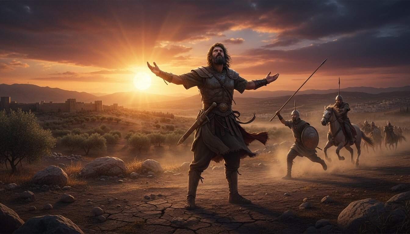 A powerful biblical scene depicts a man with outstretched arms during a sunset, surrounded by soldiers and a desert landscape, symbolizing faith, spiritual victory, and devotion.