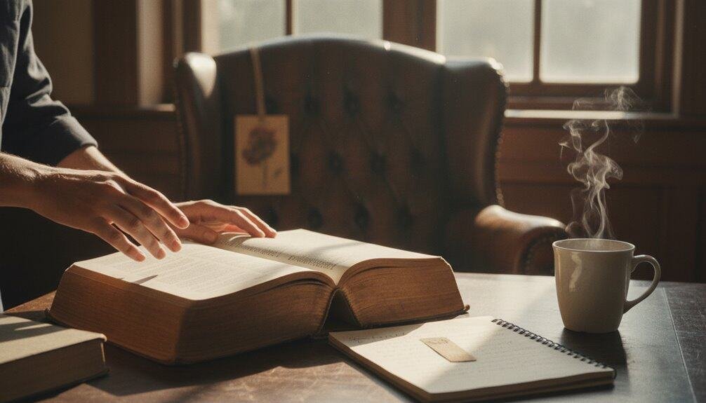 Hands reading a large open Bible on a wooden table with a steaming hot coffee mug nearby, set in a cozy, sunlit room perfect for devotion and spiritual growth.