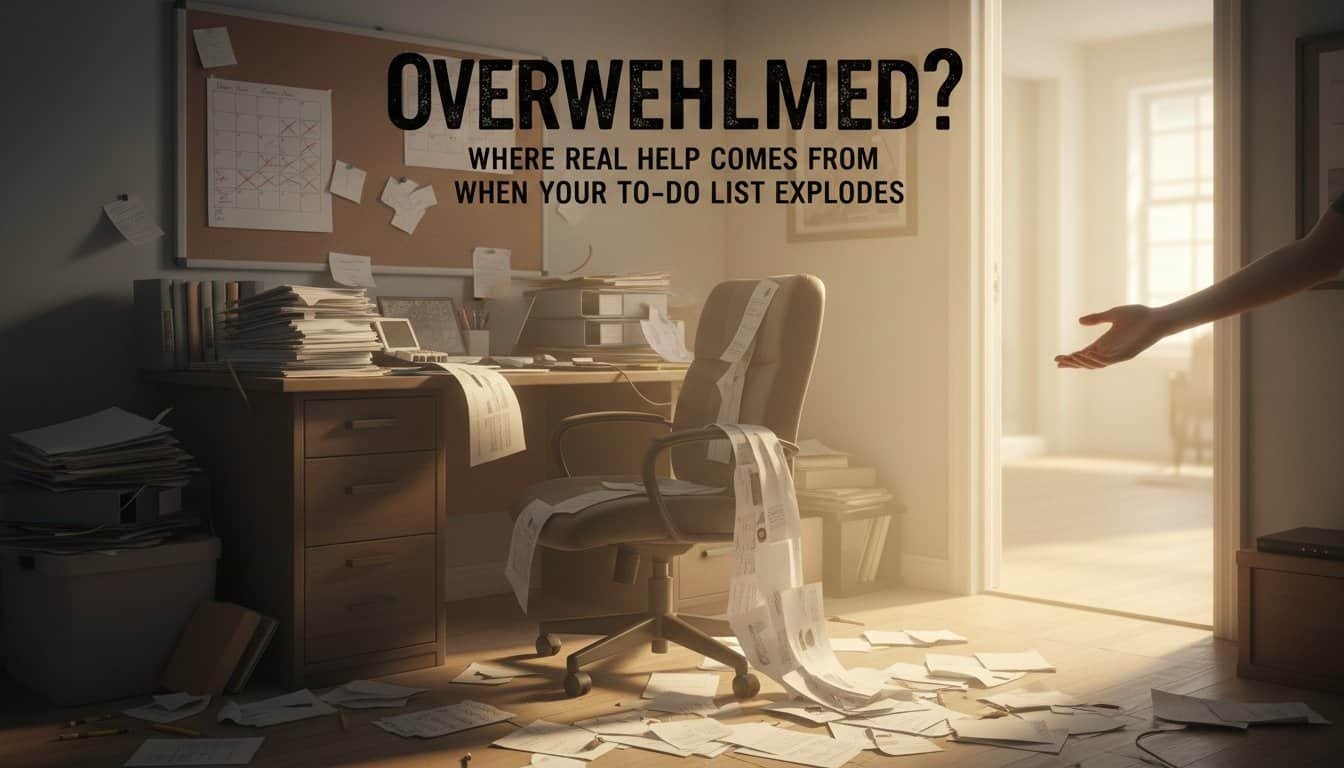 Image of a cluttered, overwhelmed workspace with scattered papers, overflowing desk, and disorganized environment, illustrating stress and overload, as seen in the mood of feeling overwhelmed with too many tasks and responsibilities.