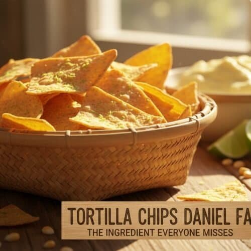 Delicious crispy tortilla chips served in a woven basket with fresh lime and sour cream in the background, perfect for snacks or parties.