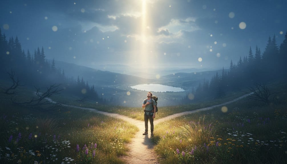 Alt text: A hiker standing at a trail intersection in a beautiful mountain landscape with sunlight breaking through clouds, symbolizing faith and spiritual journeys.
