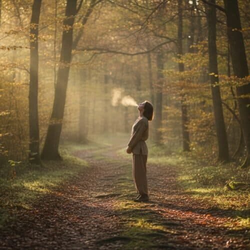 A woman praying and inhaling fresh air in a serene autumn forest, emphasizing spiritual connection and peaceful meditation with nature.