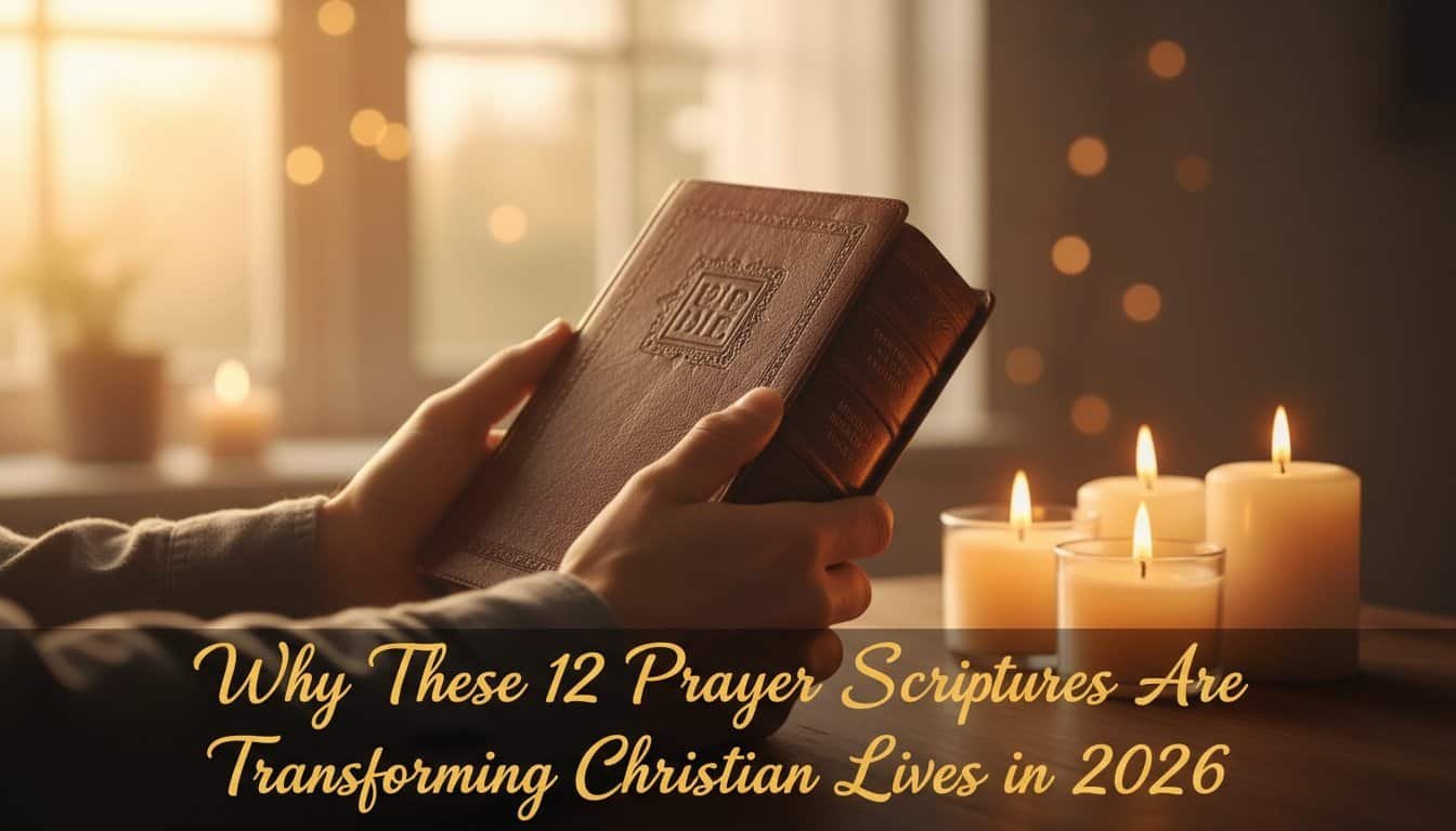 A person holding a Bible with candles illuminating a cozy setting, highlighting the power of prayer scriptures in transforming Christian lives in 2026.